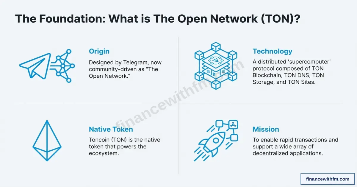 The Open Network TON foundation showing origin from Telegram, distributed supercomputer technology, native token Toncoin, and mission for rapid decentralized transactions