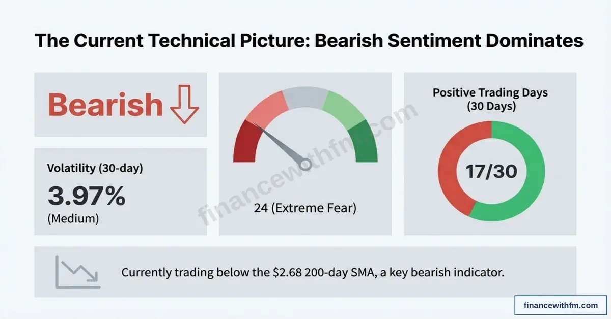 Toncoin technical picture showing bearish sentiment with 3.97% volatility, Fear & Greed Index at 24 extreme fear, 17 out of 30 positive trading days, and trading below $2.68 200-day SMA