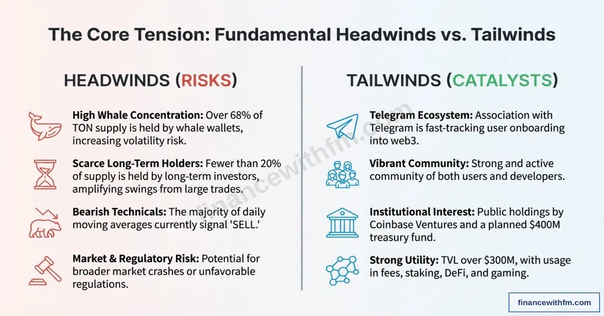 Core tension diagram showing fundamental headwinds including 68% whale concentration and bearish technicals versus tailwinds including Telegram ecosystem integration, vibrant community, institutional interest, and $300M TVL utility
