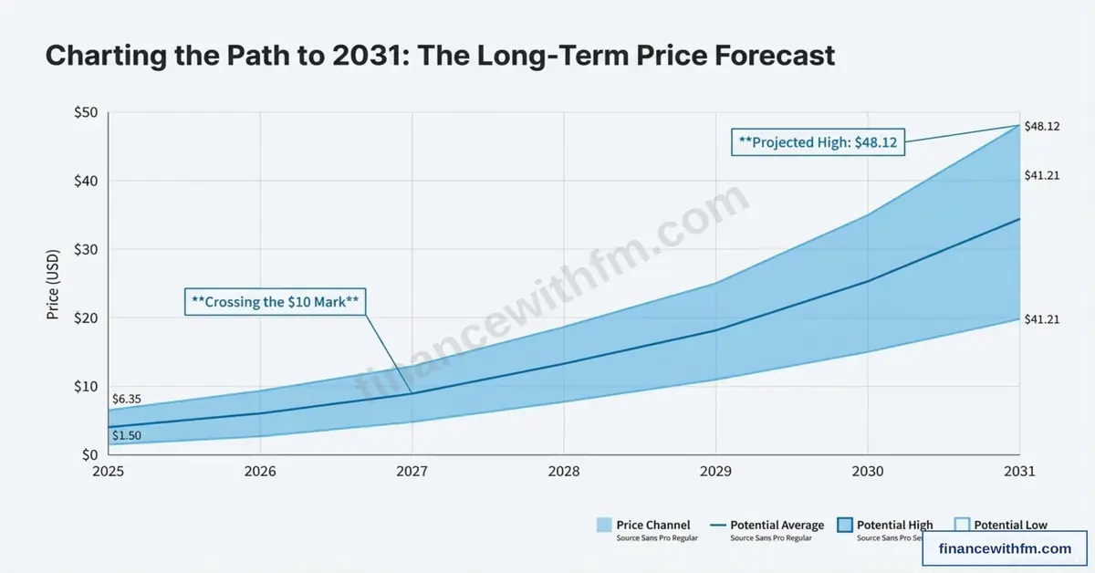 Long-term price forecast chart showing Toncoin's projected path from 2025 to 2031 with price channel ranging from $1.50 in 2025 to potential high of $48.12 in 2031, crossing $10 mark in 2027
