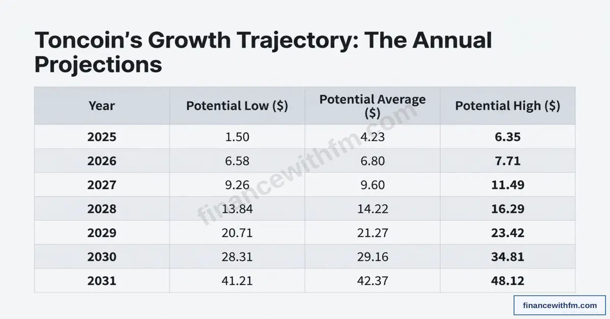 Toncoin growth trajectory table showing annual projections from 2025 to 2031 with potential low, average, and high prices for each year